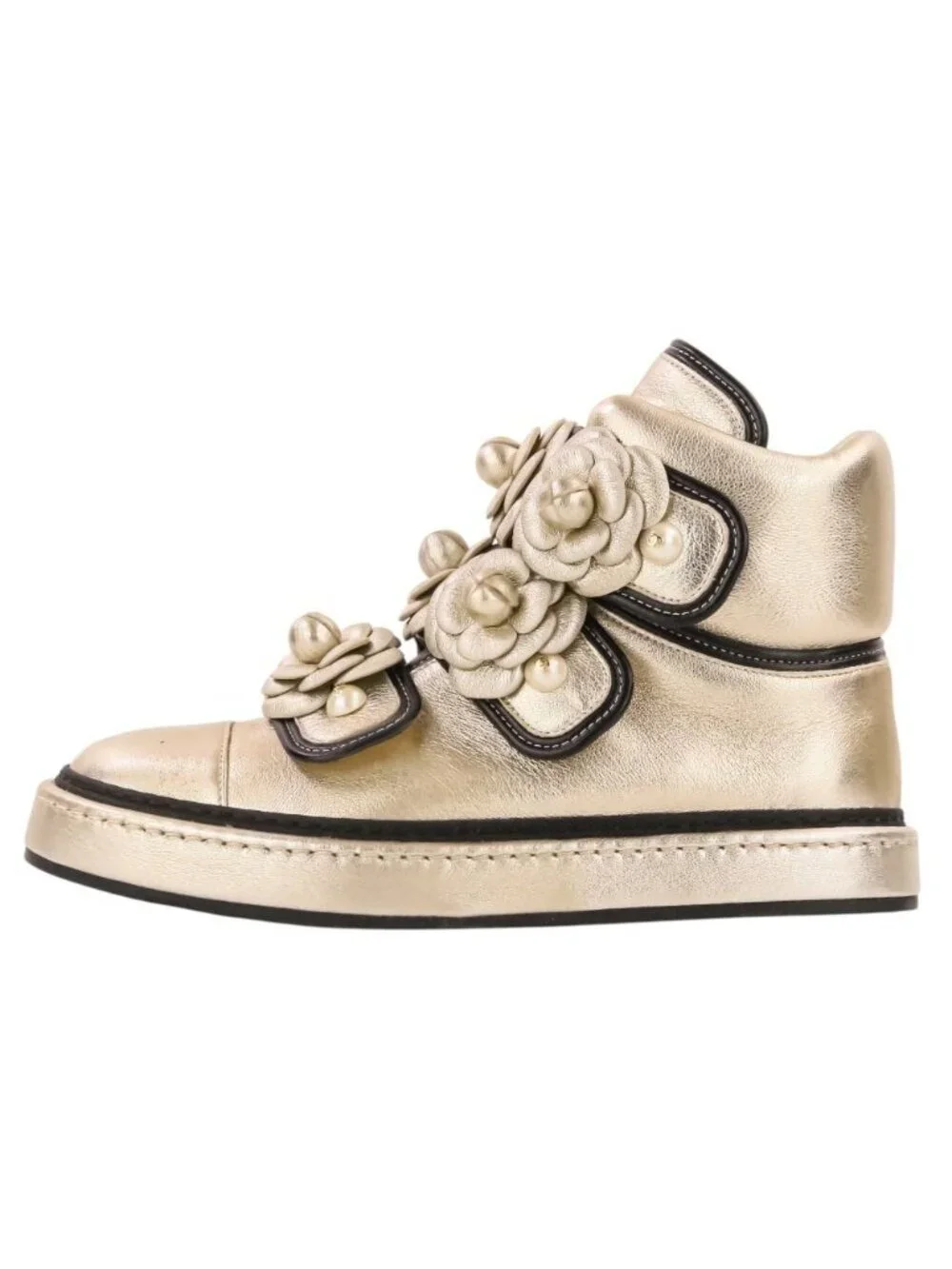 Chanel Camellia Faux Pearl CC Logo High Top Sneakers Gold Colored